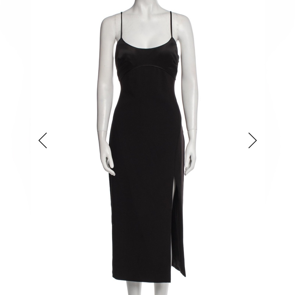 Likely Black Slip Midi Dress w/ Side Slit & Cutout – Size M (Satin 90s Style)